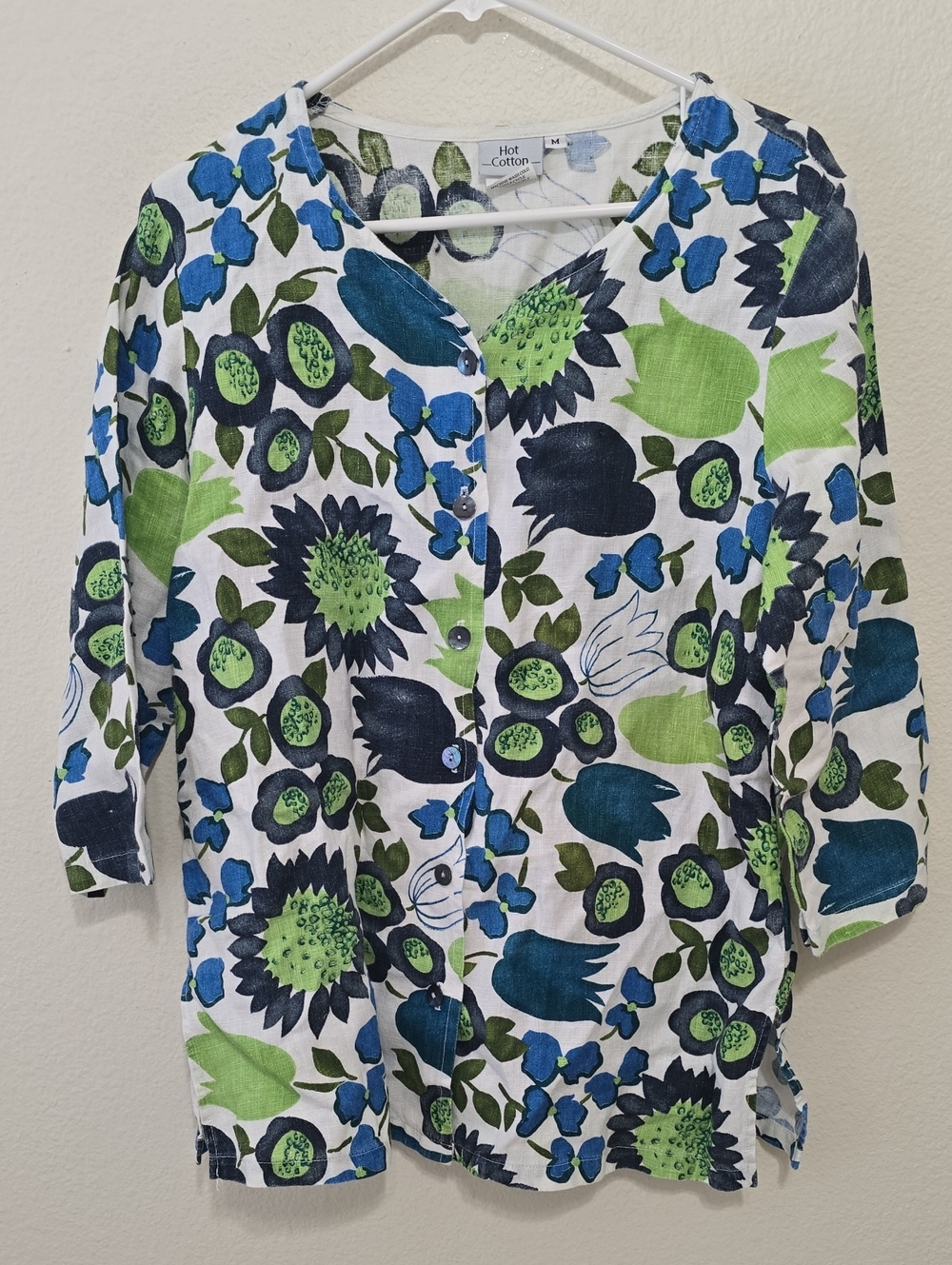 Hot Cotton White Blouse with Blue and Green Floral Design